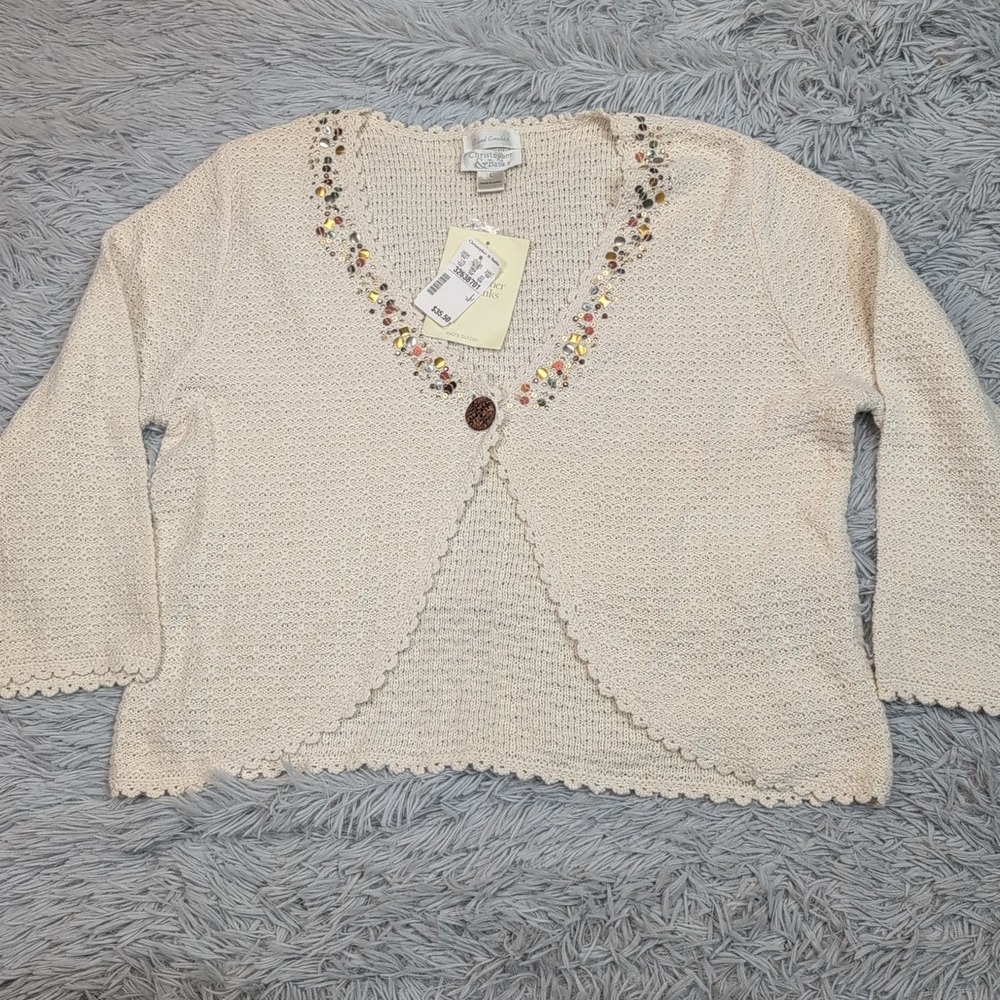 Christopher & Banks Shirt Womens L White Hand Crochet Casual Comfort Button New